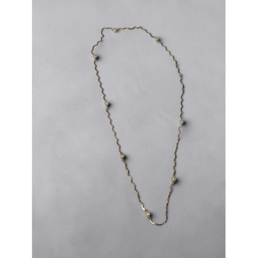Vintage Good Tone Wavy Line Faux Pearl Chain Necklace Extra‎ Long 56"